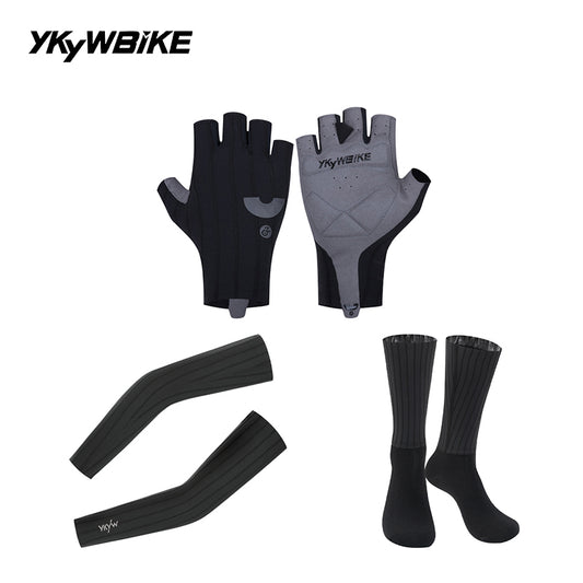 YKYW Men's Women's Summer Cycling Set, Half Finger Woven Striped Cycling Gloves + Cooling Arm Sleeves + Breathable Cycling Socks, Shock Absorbing Non-slip MTB Road Bike Sports Kit, Black & White 2 Colors