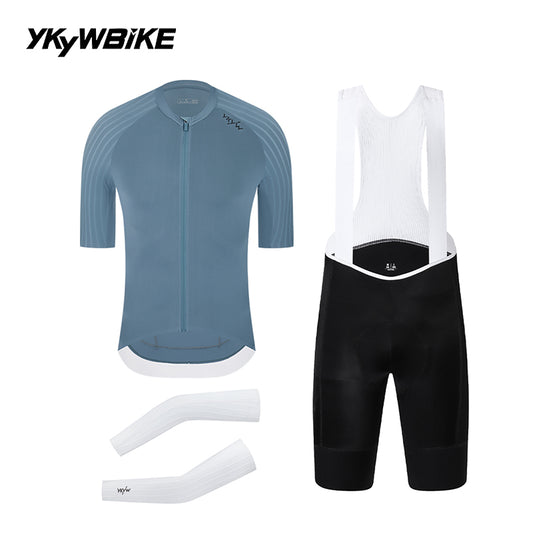 YKYWBIKE Ribbed Aero Cycling Clothing 3-Piece Pro Cycling Kit Aerodynamic Road Bike Jersey Bib Shorts Arm Sleeves Bicycle Kit