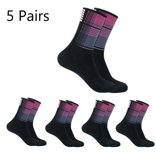 YKYW Cycling Running Professional Sport Mid-height Socks Six Bars Pattern Design Wicking Antibacterial Durable 5 Pc Sets 4Colors