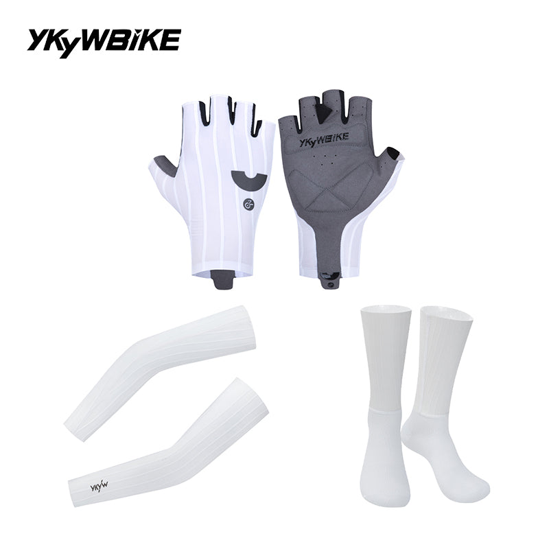 YKYW Men's Women's Summer Cycling Set, Half Finger Woven Striped Cycling Gloves + Cooling Arm Sleeves + Breathable Cycling Socks, Shock Absorbing Non-slip MTB Road Bike Sports Kit, Black & White 2 Colors