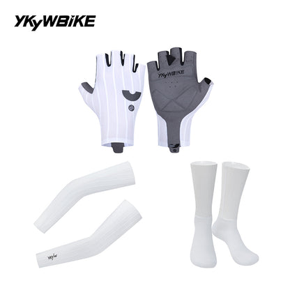 YKYW Men's Women's Summer Cycling Set, Half Finger Woven Striped Cycling Gloves + Cooling Arm Sleeves + Breathable Cycling Socks, Shock Absorbing Non-slip MTB Road Bike Sports Kit, Black & White 2 Colors
