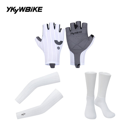YKYW Men's Women's Summer Cycling Set, Half Finger Woven Striped Cycling Gloves + Cooling Arm Sleeves + Breathable Cycling Socks, Shock Absorbing Non-slip MTB Road Bike Sports Kit, Black & White 2 Colors