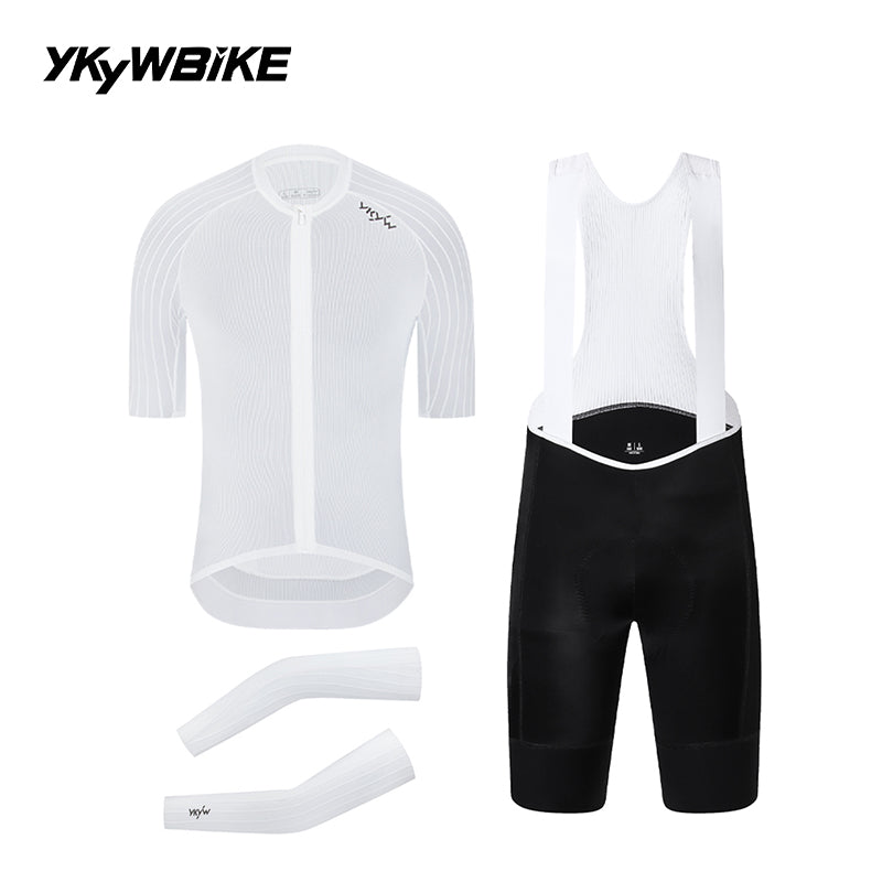 YKYWBIKE Ribbed Aero Cycling Clothing 3-Piece Pro Cycling Kit Aerodynamic Road Bike Jersey Bib Shorts Arm Sleeves Bicycle Kit