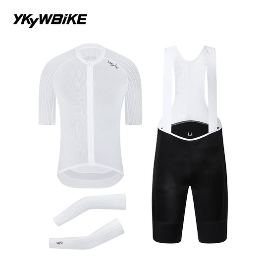 YKYWBIKE Ribbed Aero Cycling Clothing 3-Piece Pro Cycling Kit Aerodynamic Road Bike Jersey Bib Shorts Arm Sleeves Bicycle Kit