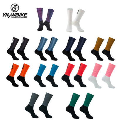 YKYW Cycling Running Anti Slip Silicone Aero Sport High Socks Six Bars Pattern Design Wicking Antibacterial Durable 10 Colors
