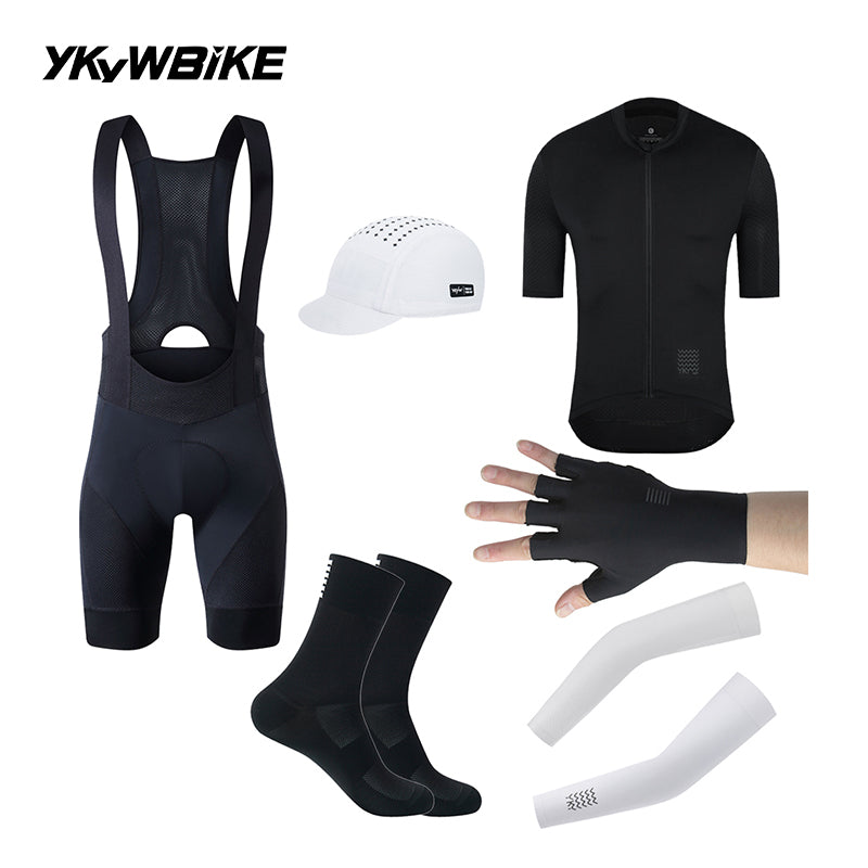 YKYWBIKE Ribbed Aero Cycling Clothing 6-Piece Pro Cycling Kit Aerodynamic Road Bike Jersey Bib Shorts Arm Sleeves Bicycle Kit With Cycling Gloves, Cycling Socks, Cycling Cap