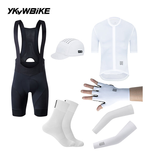 YKYWBIKE Ribbed Aero Cycling Clothing 6-Piece Pro Cycling Kit Aerodynamic Road Bike Jersey Bib Shorts Arm Sleeves Bicycle Kit With Cycling Gloves, Cycling Socks, Cycling Cap