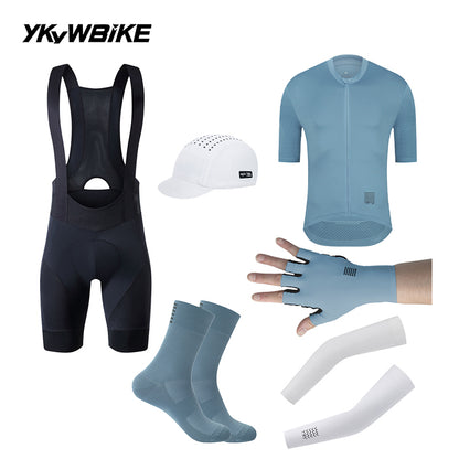 YKYWBIKE Ribbed Aero Cycling Clothing 6-Piece Pro Cycling Kit Aerodynamic Road Bike Jersey Bib Shorts Arm Sleeves Bicycle Kit With Cycling Gloves, Cycling Socks, Cycling Cap