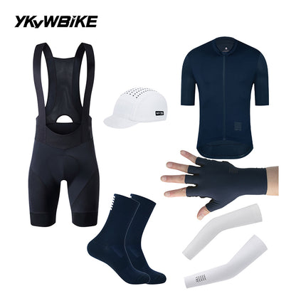 YKYWBIKE Ribbed Aero Cycling Clothing 6-Piece Pro Cycling Kit Aerodynamic Road Bike Jersey Bib Shorts Arm Sleeves Bicycle Kit With Cycling Gloves, Cycling Socks, Cycling Cap