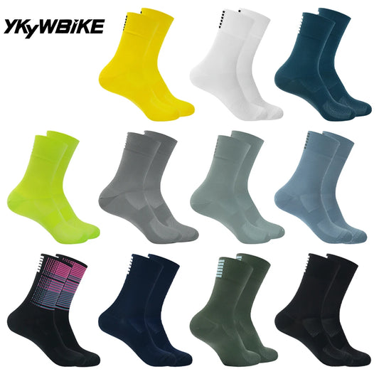 YKYW Cycling Running Professional Sport Height Socks Six Bars Pattern Design Wicking Antibacterial Durable 10 Colors