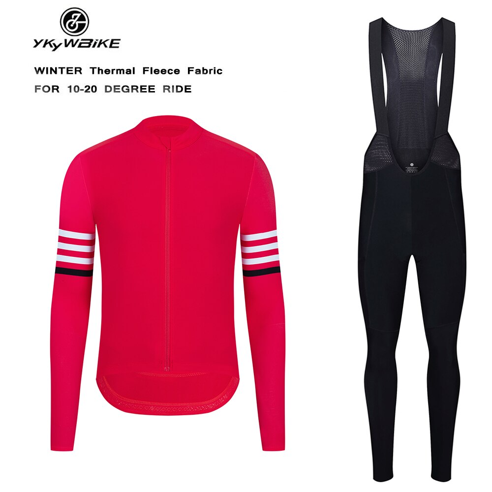 YKYW Men’s Cycling Jersey Set Winter 10-20℃ Thermal Fleece Long Sleeves MTB Cycling Jersey Jackets and 5H Pro Tight Cycling Bib Long Pants with 3 Pockets 4 Perfect Combinations