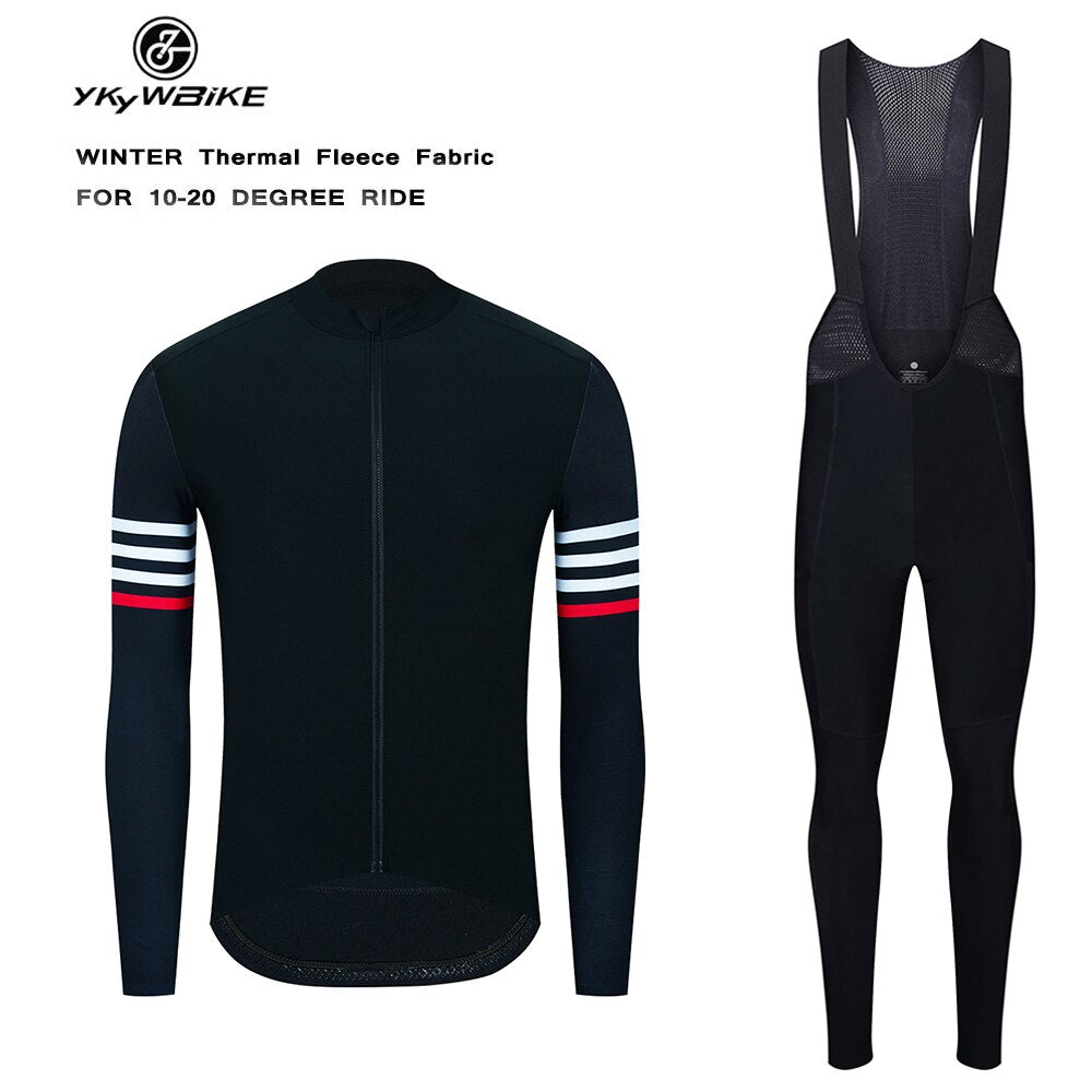 YKYW Men’s Cycling Jersey Set Winter 10-20℃ Thermal Fleece Long Sleeves MTB Cycling Jersey Jackets and 5H Pro Tight Cycling Bib Long Pants with 3 Pockets 4 Perfect Combinations