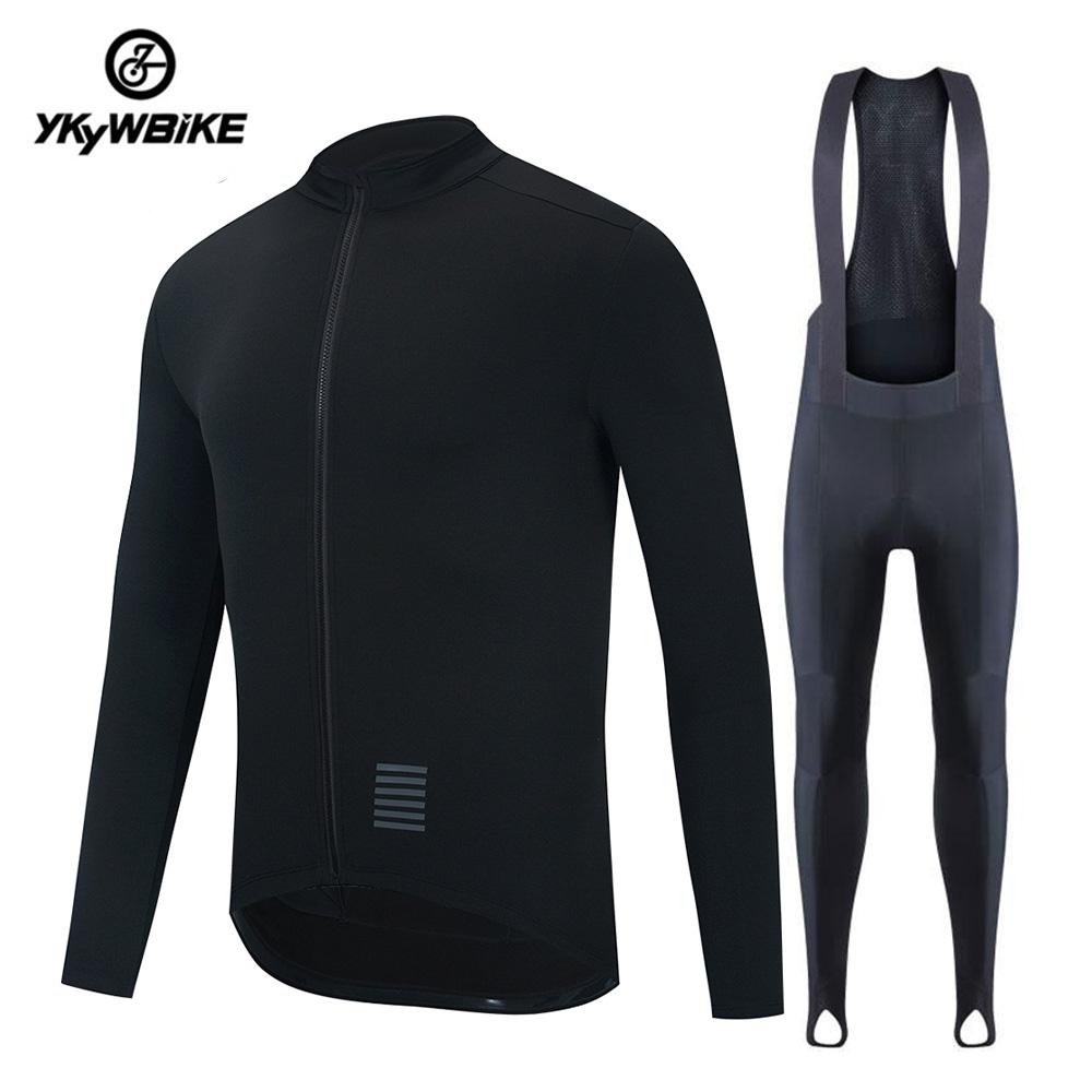 YKYW Men’s Cycling Jersey SetWinter 5-15℃ Thermal Fleece Long Sleeves Cycling Jersey and 5H Pro Tight Cycling Bib Long Pants with Step on Foot Design