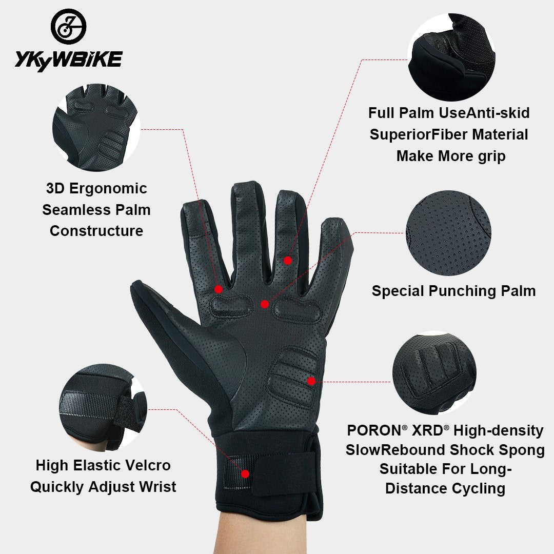 YKYW Thermal Fleece Full Finger Gloves Winter -10-5°C Cotton Waterproof Windproof 3M Reflective Logo XRD Technology Shockproof Black